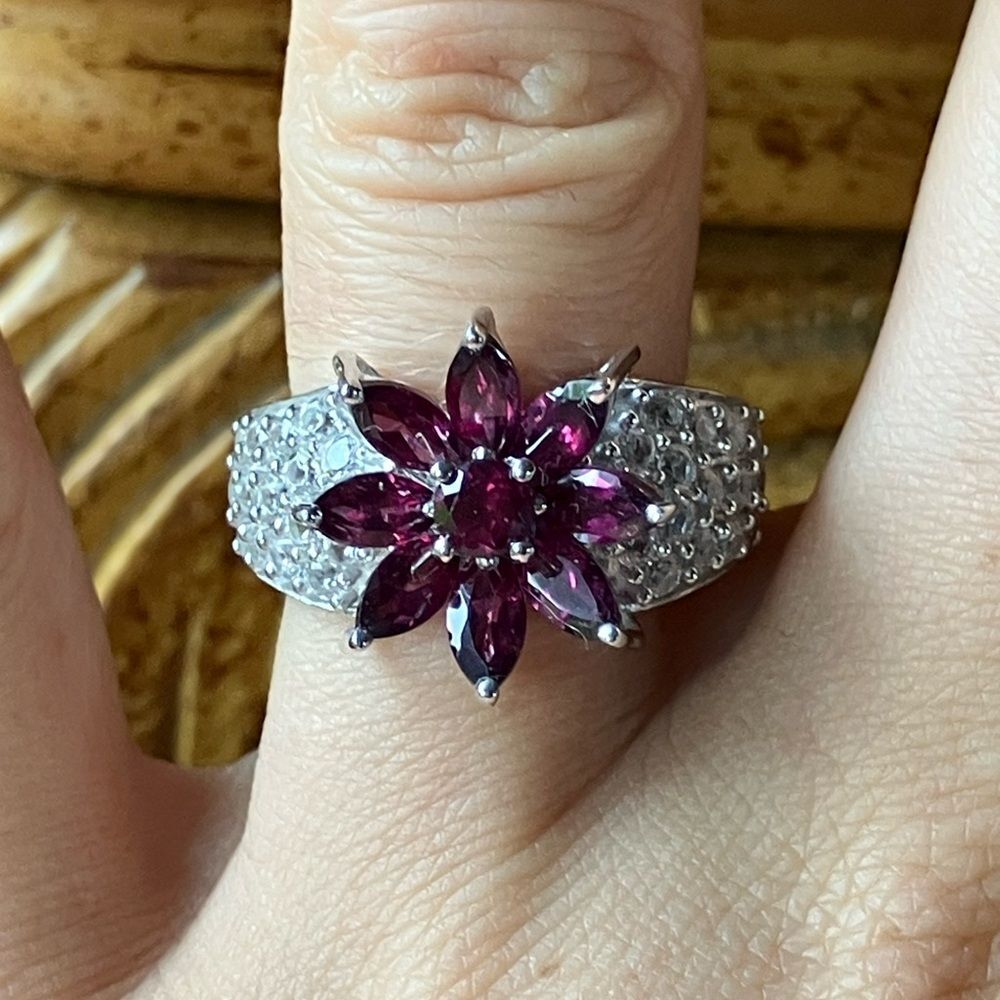 Natural Rhodolite Garnet Sterling Silver Cocktail Ring Size 7